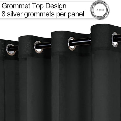 XWZO Black Sheer Curtains for Bedroom, Semi Transparent Light Filtering Grommet Voile Textured Window Curtains for Living Room, Nursery with Tiebacks, 52 x 63 Inches Long, Set of 2 Panels
