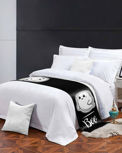Halloween Cute Ghost Boo Bed Runners for Bedroom Hotel,Decorative Bedding Scarf Black and White Bed End Blanket Bedding Runner Scarves for Twin Size Bed,71x20in