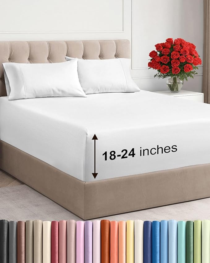 Extra Deep Pocket Cal King Sheets - 4 Piece Breathable & Cooling Bed Sheets - Hotel Luxury Bed Sheet Set - Soft, Wrinkle Free & Comfy - Easily Fits Extra Deep Mattresses - Deep Pocket White Sheets Set