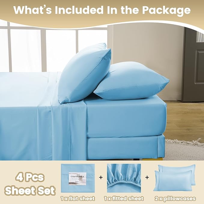 California King Sheet Set - Luxury 4 Piece Breathable Soft Sheets for King Size Bed, 16" Deep Pocket Wrinkle Free Cooling Bedding Sheet and Pillowcase Set Cal King Size, Sky Blue
