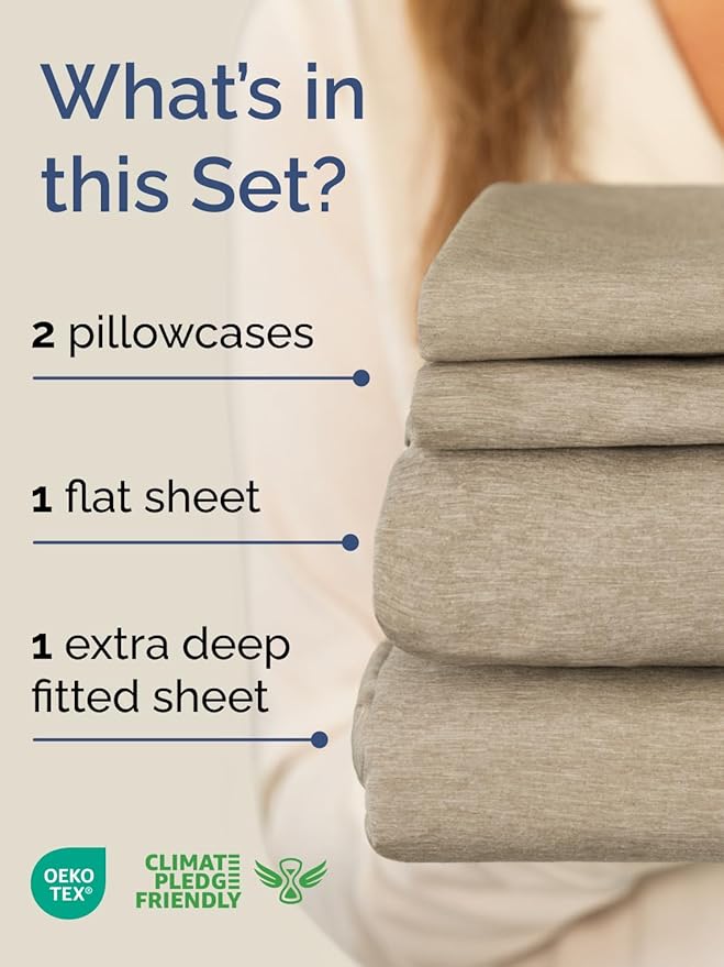 Extra Deep Pocket Cal King Sheets - 4 Piece Breathable & Cooling Bed Sheets - Hotel Luxury Bed Sheet Set - Soft, Wrinkle Free & Comfy - Easily Fits Extra Deep Mattresses - Heathered Beige Sheets Set