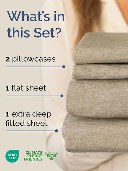 Extra Deep Pocket Queen Sheet Set - 4 Piece Breathable & Cooling Bed Sheets - Hotel Luxury Sheet Set - Soft, Wrinkle Free and Comfy - Fits Extra Deep Mattresses - Deep Pocket Heathered Beige Sheets
