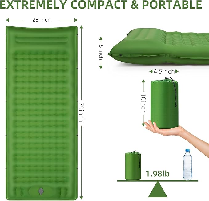 Camping Sleeping Pad, Extra Thick 5 Inch Camping Mat with Pillow, Built-in Foot Pump Inflatable Sleeping Pads Compact for Camping Backpacking Hiking Traveling Tent as Camping Essentials（Green）