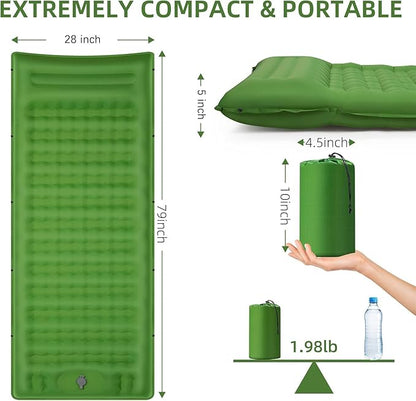 Camping Sleeping Pad, Extra Thick 5 Inch Camping Mat with Pillow, Built-in Foot Pump Inflatable Sleeping Pads Compact for Camping Backpacking Hiking Traveling Tent as Camping Essentials（Green）