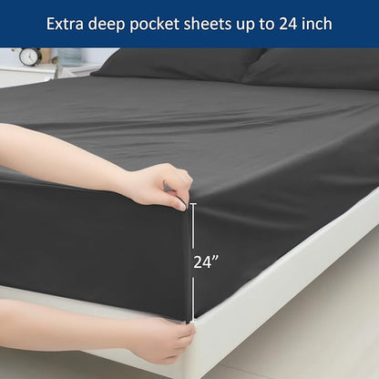 Moonsea King Size Sheets Set for Air Mattress - Deep Pocket King Sheet Set - 3Pcs Side Storage Pocket Fitted Sheet & Pillowcases Easily Fits 16in to 24in Pillow Top Bed Mattress, Black