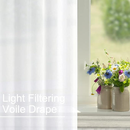 XWZO Sheer Curtains for Bedroom, Light Filtering, Gauzy & Breathable Solid Voile Grommet Window Curtains for Kitchen Room, Farmhouse, Nursery with Tiebacks, White, W42 x L30, Set of 2 Panels