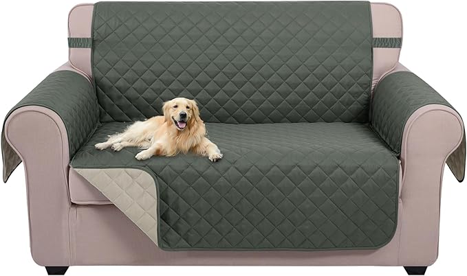 U-NICE HOME Loveseat Sofa Cover Reversible Couch Cover for Dogs with Elastic Straps Water Resistant Furniture Protector for Pets Couch Cover for 2 Cushion Couch (Loveseat, Grey/Beige)