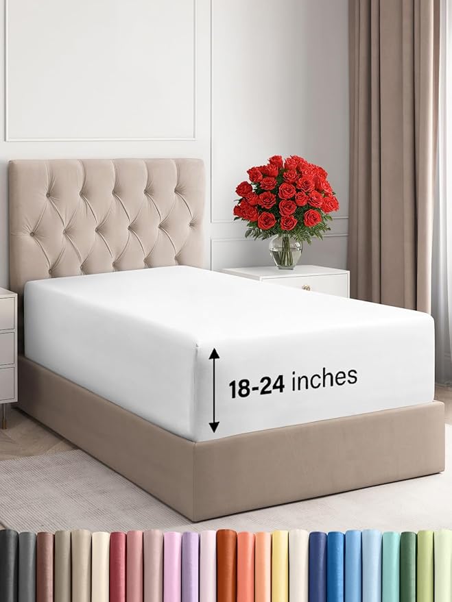 Extra Deep Twin Fitted Sheet - Hotel Luxury Single Fitted Sheet Only - Easily Fits 18 inch to 24 inch Mattress - Ultra Soft, Wrinkle Free w/Extra Deep Pockets - Easy-Care, Breathable & Comfy - White