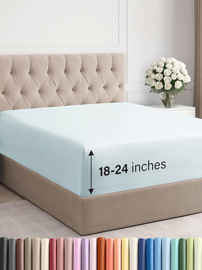 Extra Deep King Fitted Sheet - Hotel Luxury Single Fitted Sheet Only - Easily Fits 18 inch to 24 inch Mattress - Ultra Soft, Wrinkle & Fade Free w/Extra Deep Pockets - Breathable & Comfy - Ice Blue