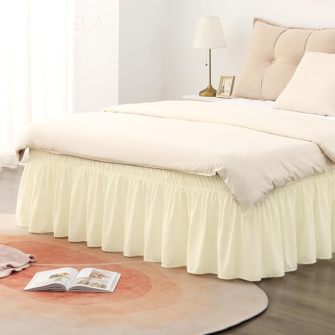 RIMELA Butter Yellow Bed Skirt Twin Size 15 Inch Drop, Elastic Bed Skirting for Bed Base and Frame, Bedding Dust Ruffle Easy to Install, Lightweight Comforter Set with Wrap Around Adjustable Bedskirt