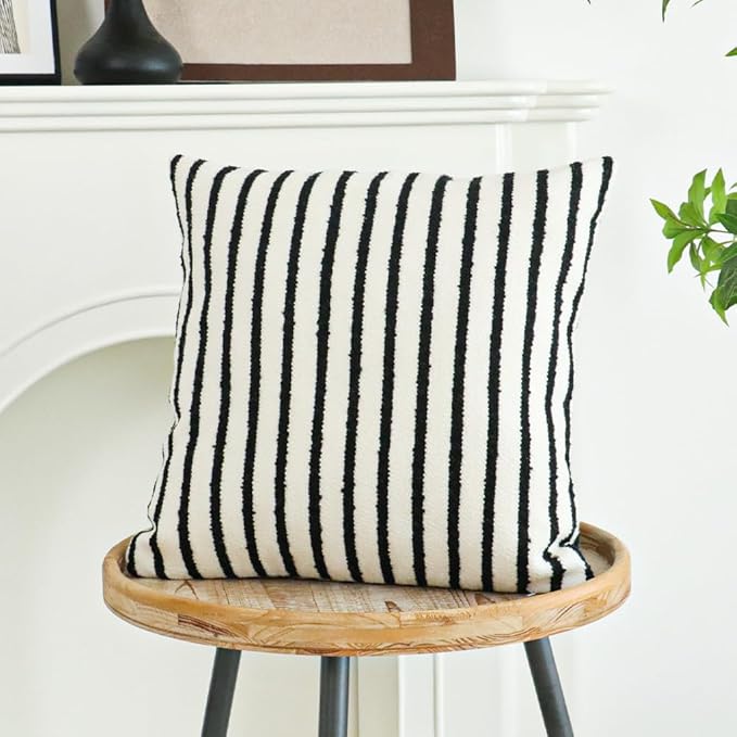 Jonhier White Striped Boho Throw Pillow Cover, Modern Boucle Textured Square Pillowcase for Sofa Couch Bed, Neutral Farmhouse Accent Decorative Cushion Cover for Living Room Bedroom, 20 x 20 inch