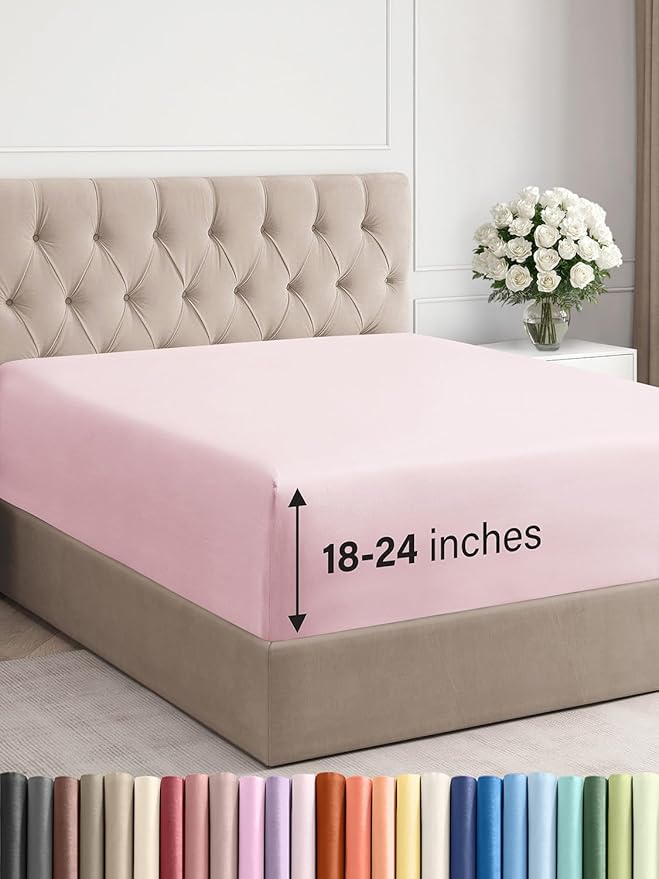 Extra Deep Full Fitted Sheet - Hotel Luxury Single Fitted Sheet Only - Easily Fits 18 inch to 24 inch Mattress - Ultra Soft, Wrinkle Free with Extra Deep Pockets - Breathable & Comfy - Lavender Pink