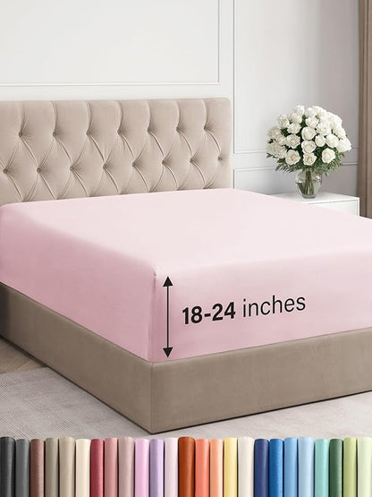Extra Deep Full Fitted Sheet - Hotel Luxury Single Fitted Sheet Only - Easily Fits 18 inch to 24 inch Mattress - Ultra Soft, Wrinkle Free with Extra Deep Pockets - Breathable & Comfy - Lavender Pink