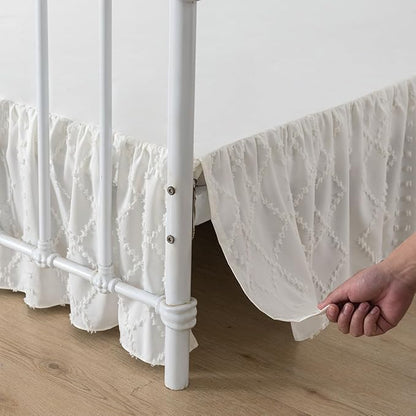 Bed Skirt King Size Ruffled Bed Skirt with Split Corners, 12 Inch Drop Dust Ruffle Bed Skirts with Platform, Boho Tufted Shabby Chic King Size Bed Skirts, Ivory
