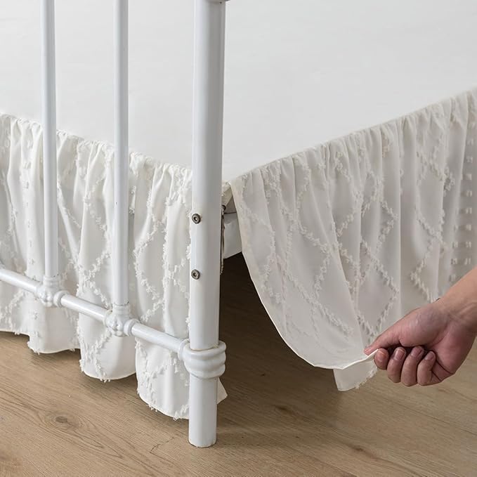 Bed Skirt Queen Size Ruffled Bed Skirt with Split Corners, 16 Inch Drop Dust Ruffle Bed Skirts with Platform, Boho Tufted Shabby Chic Queen Size Bed Skirts, Ivory