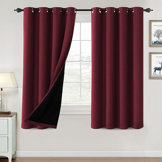 H.VERSAILTEX 100% Blackout Curtains for Bedroom Thermal Insulated Blackout Curtains 63 inch Length Heat and Full Light Blocking Curtains for Living Room with Black Liner 2 Panels Set, Burgundy