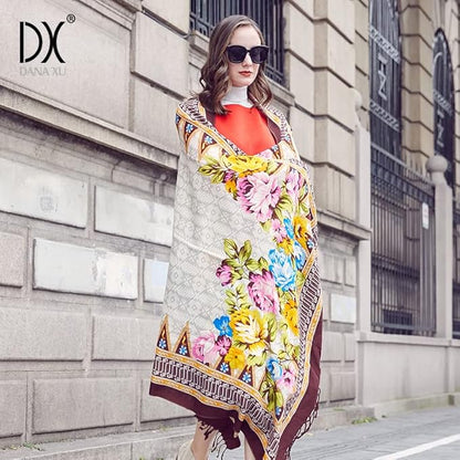DANA XU 100% Merino Wool Pashmina Shawl for Women 96"x43", Oversized Cashmere Wrap with Tassels, Floral Travel Blanket Cape