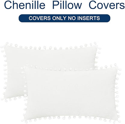 CaliTime Throw Pillow Covers Decorative 12 X 12 Inches Pack of 2 Cozy Solid Dyed Soft Chenille Cushion Cases with Pom Poms for Couch Sofa Bed Living Room Home True White