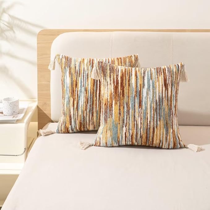 Boho Throw Pillow Covers 18x18 Set of 2 Woven Tufted Farmhouse Pillows Cover with Tassels Textured Striped Cushion Case Neutral Pillow Cases Decorative Pillowcase for Sofa Couch Bed,Rust