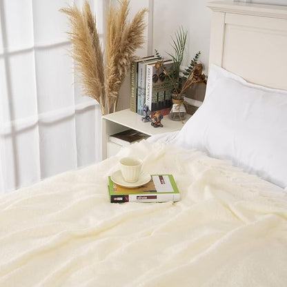 Gealaek Decorative Fluffy White Throw Blanket Cream Fringe Lightweight Faux Cashmere Fuzzy Soft Cozy Throws for Sofa Bed Farmhouse 50" x 60"