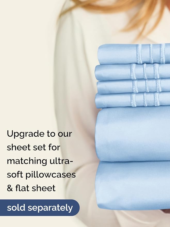 Extra Deep Queen Fitted Sheet - Hotel Luxury Single Fitted Sheet Only - Easily Fits 18 inch to 24 inch Mattress - Ultra Soft, Wrinkle & Fade Free w/Extra Deep Pocket - Breathable & Comfy - Light Blue