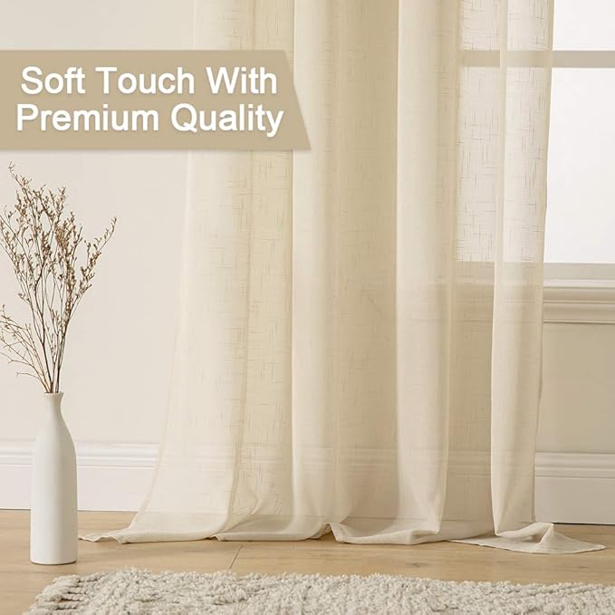 MIULEE 2-Panel 96 Inch Natural Light Beige Linen Semi-Sheer Window Curtains - Elegant Solid Drapes with Grommet Top for Bedroom & Living Room (52" W x 96" L)