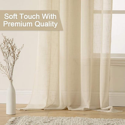 MIULEE 2-Panel 96 Inch Natural Light Beige Linen Semi-Sheer Window Curtains - Elegant Solid Drapes with Grommet Top for Bedroom & Living Room (52" W x 96" L)