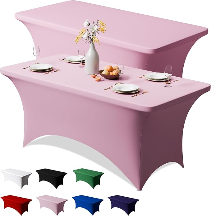 Trlyc 2 Pack 4FT Spandex Table Cloth - 48 x 30 Inch Rectangular Stretch Tablecloth, Wrinkle Resistant Scretch Table Cover for Wedding, Party, Banquet, Picnic, Outdoor Decoration (2Pcs,Pink)