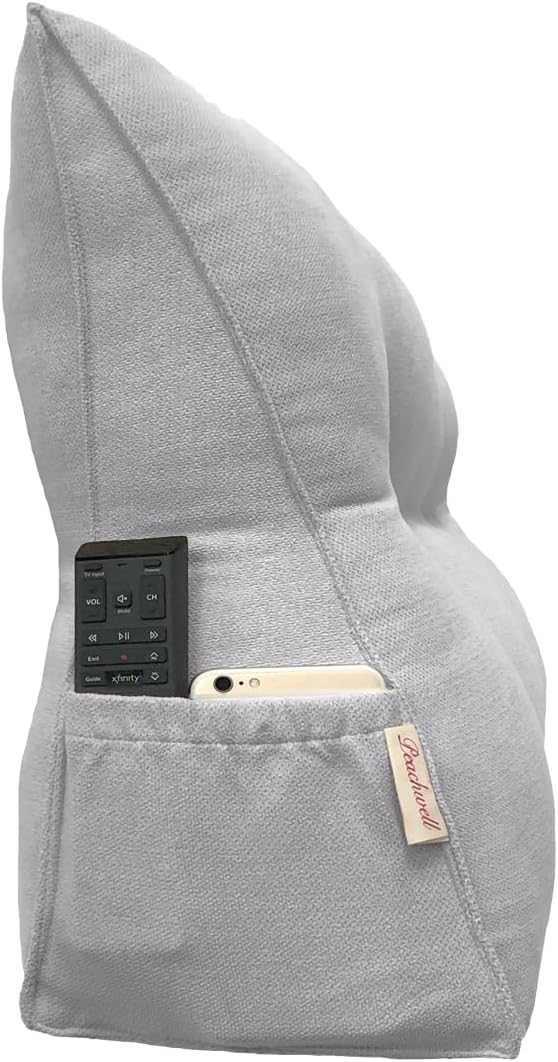 Triangular Reading Bed Rest Pillow Large Bolster Cushion Headboard Backrest Wedge Pillow with Removable Cover and Two Large Side Pockets (Chalk Grey, California King: 71 x 8 x 20 inches)