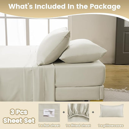 Holtel Luxury Twin Sheet Set - 3 Piece Soft Microfiber Sheets for Twin Size Bed, 16" Deep Pocket Easy Care Wrinkle Free Cooling Bedding Sheet and Pillowcase Set, Ivory
