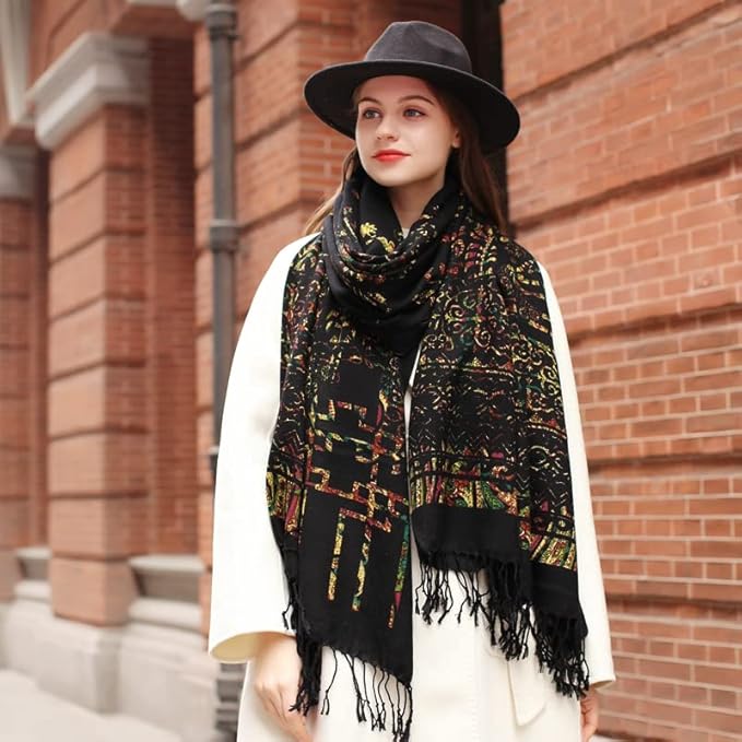DANA XU 100% Merino Wool Pashmina Shawl for Women 96"x43", Oversized Cashmere Wrap with Tassels, Floral Travel Blanket Cape