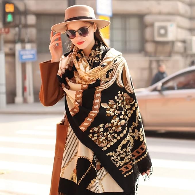 DANA XU 100% Merino Wool Pashmina Shawl for Women 96"x43", Oversized Cashmere Wrap with Tassels, Floral Travel Blanket Cape