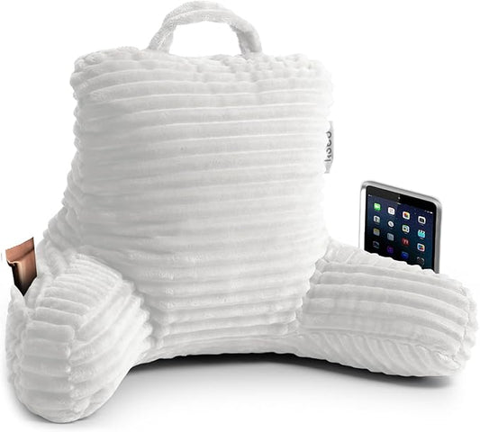 Nestl Reading Pillow for Kids & Teens with Shredded Memory Foam, Luxe Cut Plush Backrest Pillows for Reading and Gaming, for use on Couch, Bed, Floor, Adjustable Support with Washable Cover White