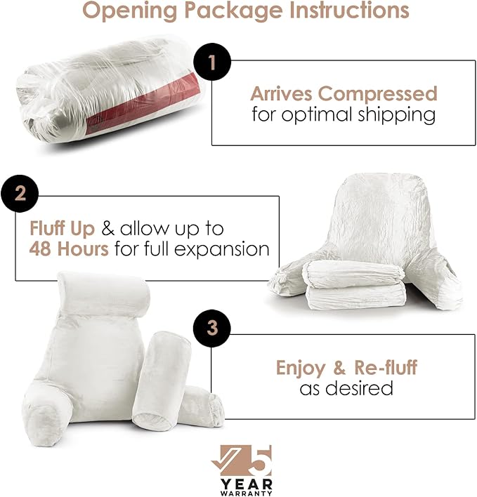 Nestl Reading Pillow with Shredded Memory Foam Includes 2 Neck and Lumber Support Pillows, Designed for Sitting Up in Bed and Couch, Back and Arms Adjustable Support for Adult & Teens, White