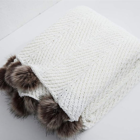 vctops Fur Pom Pom Knit Throw Blanket Super Soft Warm Cozy Cable Knitted Blanket for Sofa and Couch 51 x 63 Inch White