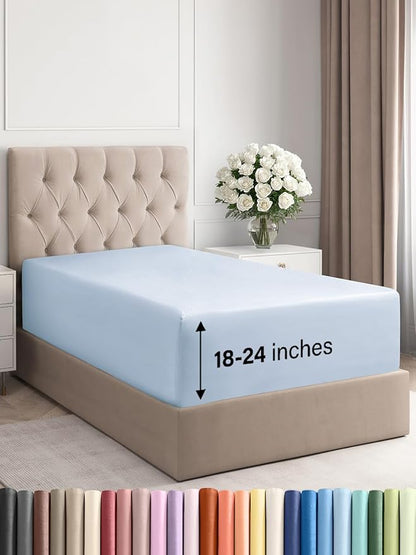 Extra Deep Twin XL Fitted Sheet - Hotel Luxury Single Fitted Sheet Only - Easily Fits 18 inch to 24 inch Mattress - Ultra Soft, Wrinkle & Fade Free w/Extra Deep Pocket - Breathable & Comfy - Sky Blue
