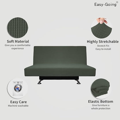 Easy-Going Stretch Futon Slipcover Armless Futon Bed Cover Furniture Protector Without Armrests with Elastic Bottom for Kids, Soft Jacquard Fabric Small Checks (Medium, Olive Green)