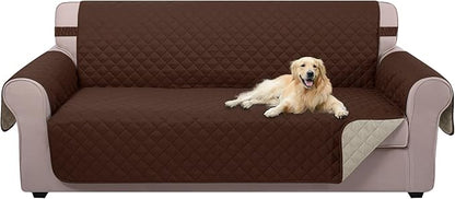 U-NICE HOME 4 Seater Sofa Cover 91 Inch Large Couch Covers for 4 Cushion Couch with Elastic Straps Water Resistant Furniture Protector Cover for Pets Cat (Sofa XX-Large, Brown/Beige)