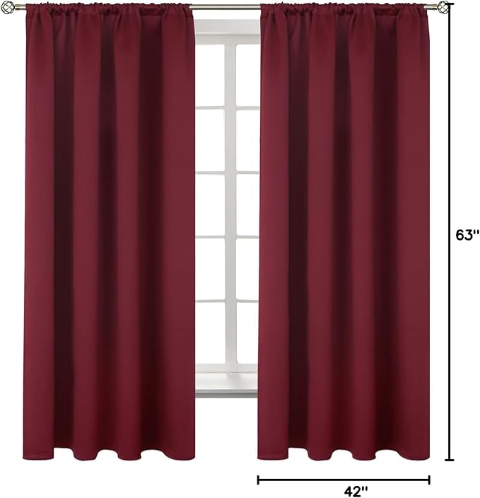 BGment Burgundy Blackout Curtains 63 Inch Length for Bedroom - Rod Pocket Thermal Insulated Drapes Room Darkening Christmas Decor for Living Room Windows, 42 x 63 Inch, 2 Panels