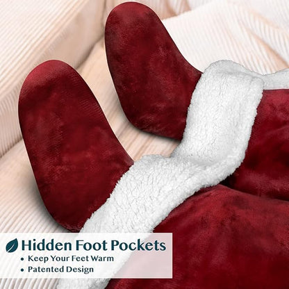 PAVILIA Sherpa Blanket with Sleeves, Foot Pocket for Women Men Adults, Thick Wearable Blanket Throw Wrap, Fleece Warm Snuggle Blanket Robe, Cozy Gift Ideas Wife Mom, Dark Red