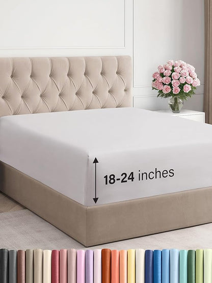 Extra Deep Queen Fitted Sheet - Hotel Luxury Single Fitted Sheet Only - Easily Fits 18 inch to 24 inch Mattress - Ultra Soft, Wrinkle Free with Extra Deep Pockets - Breathable & Comfy - French Grey