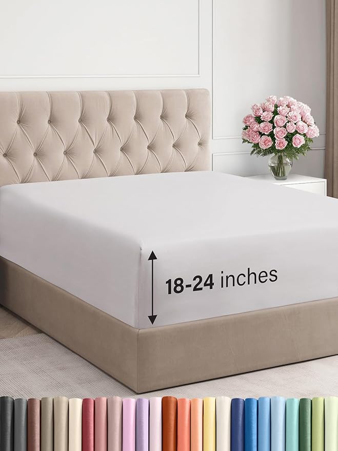 Extra Deep Cal King Fitted Sheet - Hotel Luxury Single Fitted Sheet Only - Easily Fits 18 inch to 24 inch Mattress - Ultra Soft, Wrinkle Free w/Extra Deep Pockets - Breathable & Comfy - French Grey
