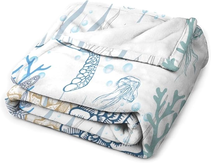 Nautical Turtle Throw Blanket, Coastal Sea Ocean Theme Coral Starfish Seashell Jellyfish Undersea Life Fleece Blanket for Summer Home Bed Sofa Couch Chair, 50"x60"