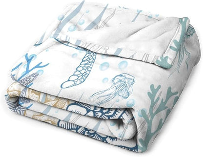 Nautical Turtle Throw Blanket, Coastal Sea Ocean Theme Coral Starfish Seashell Jellyfish Undersea Life Fleece Blanket for Summer Home Bed Sofa Couch Chair, 50"x60"