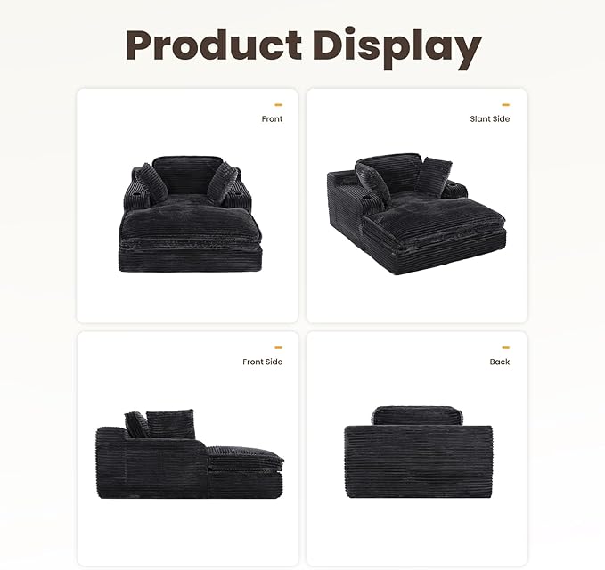 67" Chaise Lounge Chair Indoor, Cozy Oversized Fluffy Sofa with Cup Holders & Throw Pillows, Boneless Sleeper Cloud Couch for Living Room, Movie Room and Apartments, Black