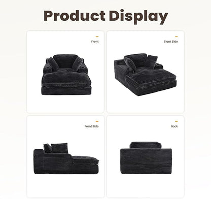 67" Chaise Lounge Chair Indoor, Cozy Oversized Fluffy Sofa with Cup Holders & Throw Pillows, Boneless Sleeper Cloud Couch for Living Room, Movie Room and Apartments, Black