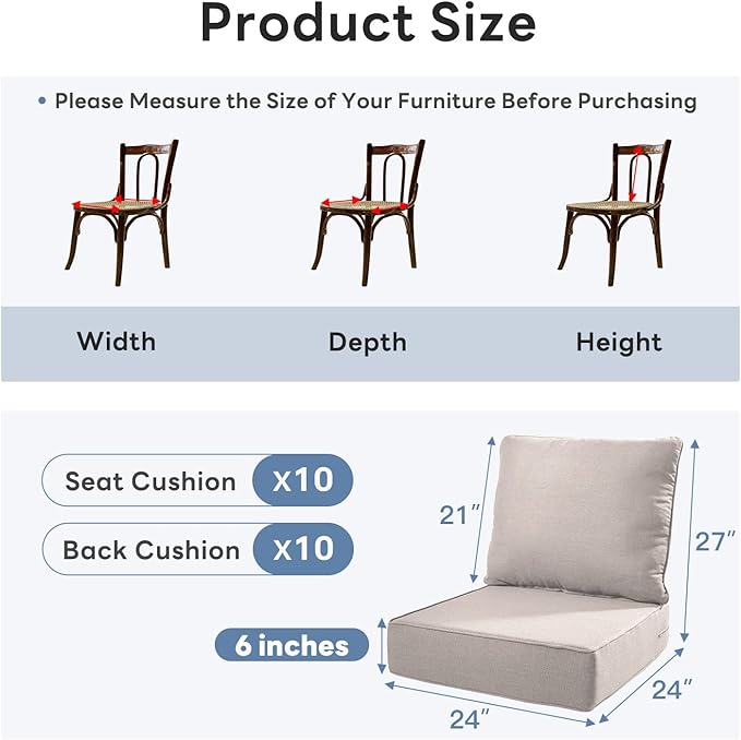 6" Thicker Outdoor Chair Cushion 10 Sets - 24" *24" *6" Waterproof Patio Furniture Cushions with Removable Cover, 28D High Density Sponge Filling Thicken Outdoor Patio Cushions - Beige