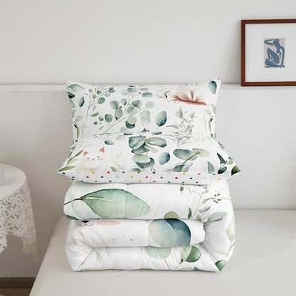 Erosebridal Kawaii Cat Toddler Comforter Set for Boys Girls Cartoon Animal Bedding Set Toddler, Eucalyptus Leaves Bedding Comforter Sets Pet Kitten Duvet Set, Tropical Plants Quilted Comforter
