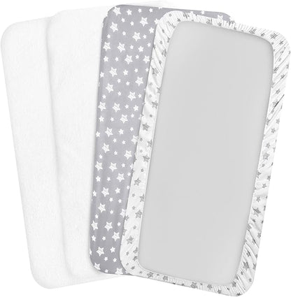 Crib Sheets & Waterproof Crib Mattress Protector for Boys 4 Pack Set, Viscose, Waterproof Crib Sheets Mattress Pad Cover, Grey & White