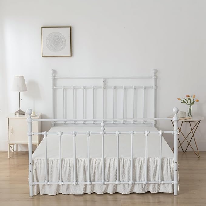 Tufted Dot Bed Skirt Queen Size Ruffled Bed Skirt with Split Corners, 16 Inch Drop Dust Ruffle Bed Skirts with Platform, Ivory
